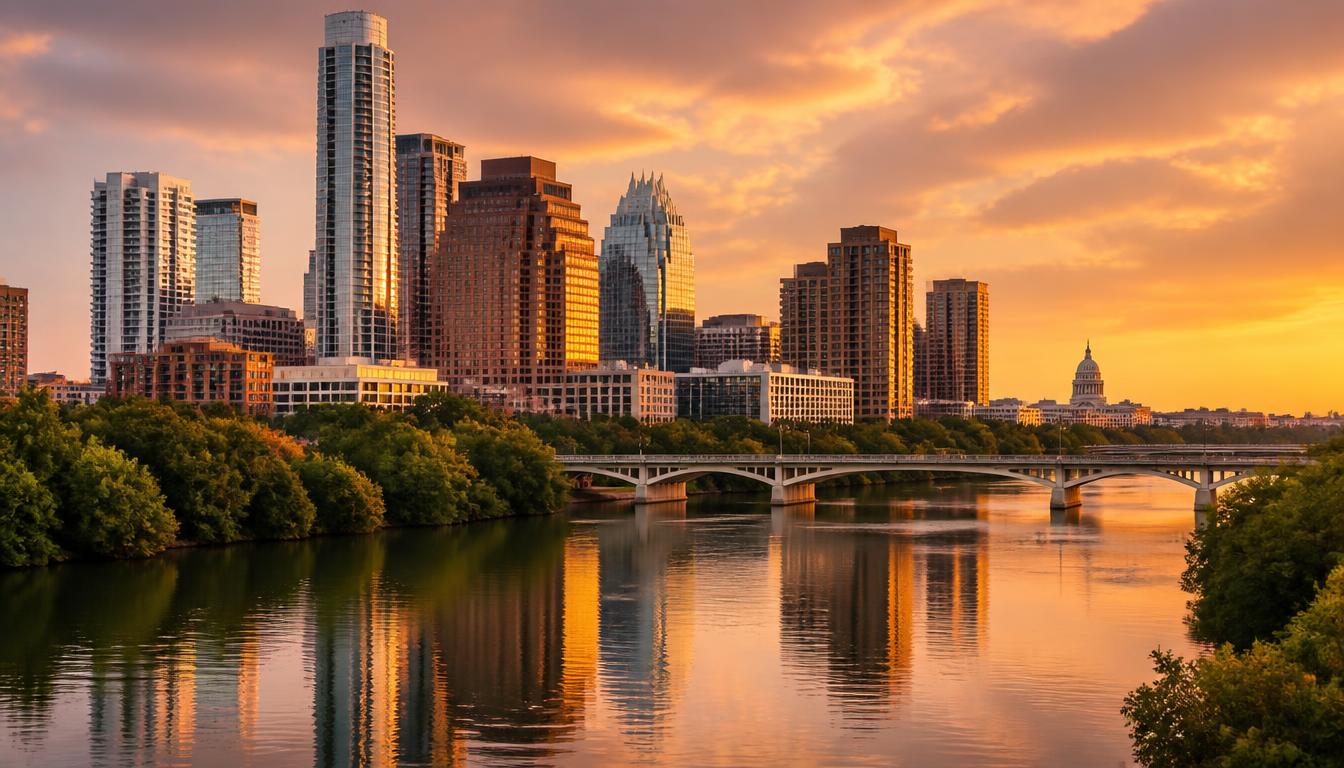 Austin, Texas skyline at sunset over Lady Bird Lake