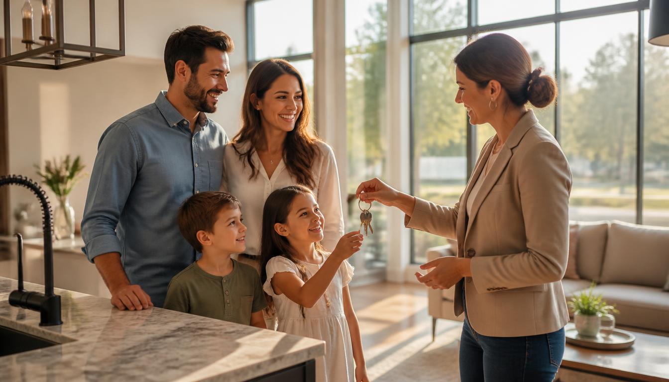 Happy family receiving keys to their new Texas home